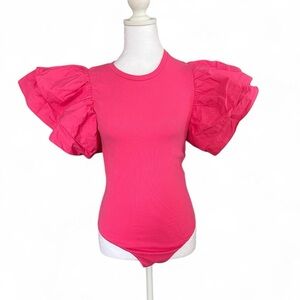 Zara Fuchsia Puff Sleeve Bodysuit Women's  Rib Flutter Ruffle Sleeve Thong Sz L